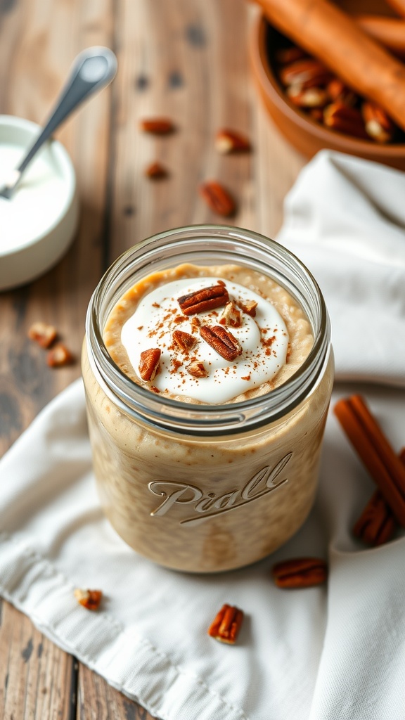 A jar of Sweet Potato Pie Overnight Oats topped with pecans and yogurt on a rustic table.